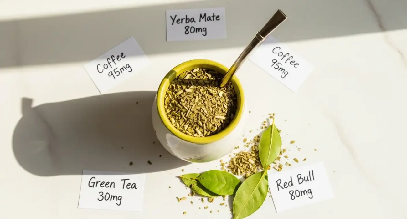 Yerba mate brewed in a traditional gourd with a bombilla straw next to loose leaf tea showing caffeine comparison