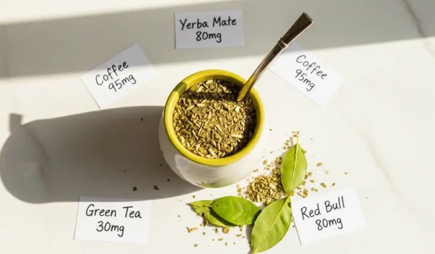 Yerba mate brewed in a traditional gourd with a bombilla straw next to loose leaf tea showing caffeine comparison